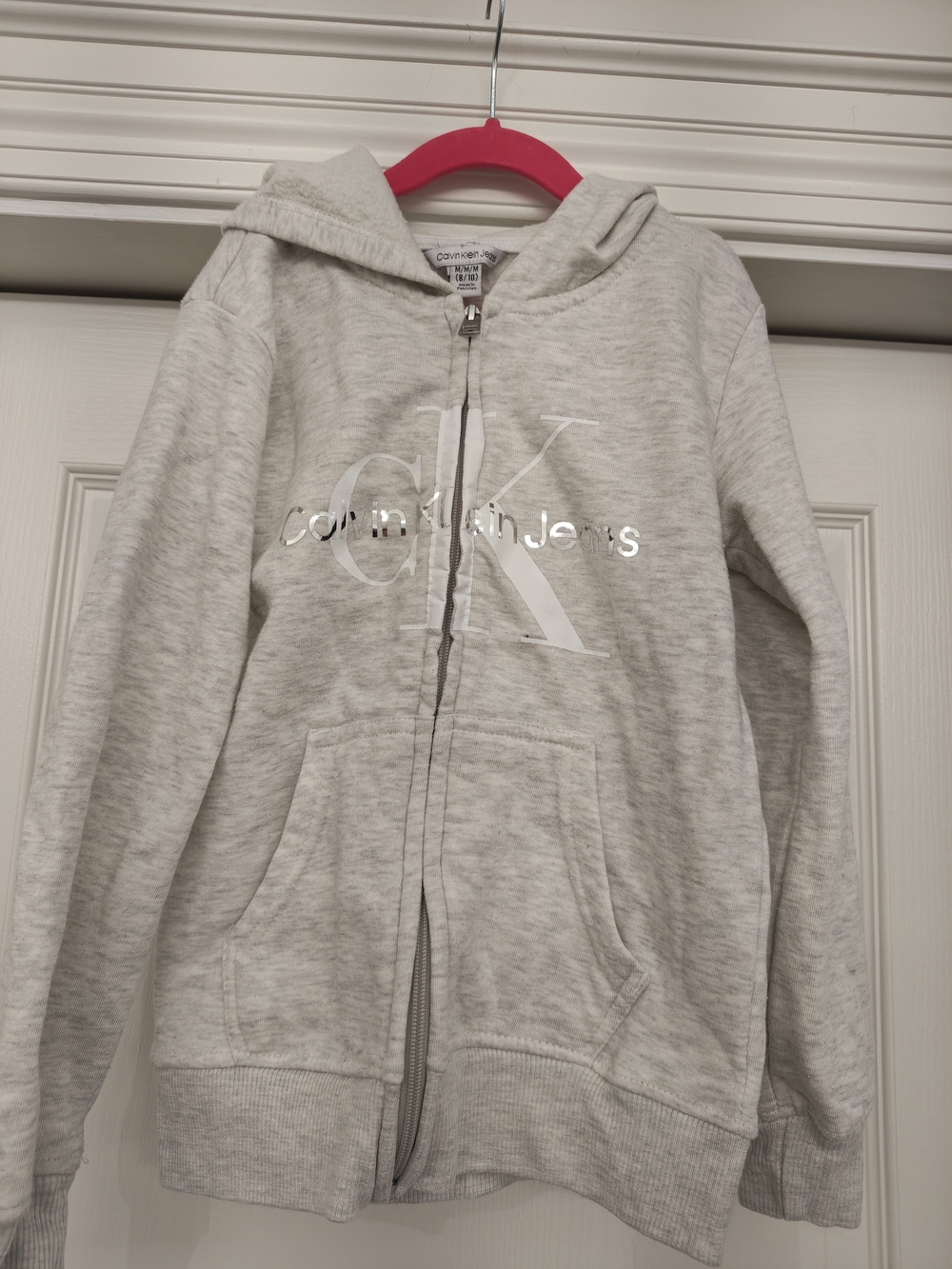 Calvin Klein Jeans Kids Heather Light Gray Zip Hoodie with Silver Logo